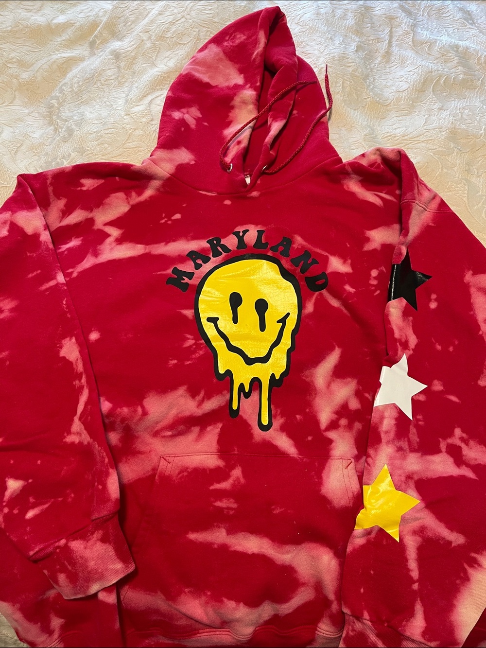 Womens Red Tie-Dye Hoodie with Yellow Smiley Graphic